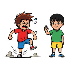 Conflict Resolution: An illustrated scene captures the complexities of childhood social dynamics, where one child expresses frustration through a temper tantrum, while the other attempts to mediate.