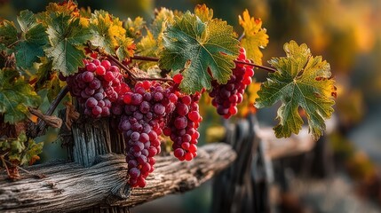 Red grapes cluster on weathered wood