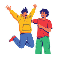 Friendship's Joy: Two young men share a moment of elation and camaraderie, one leaping with joy while the other offers a supportive arm, capturing the spirit of genuine connection.