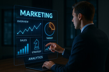 Businessman analyzing digital marketing strategy dashboard