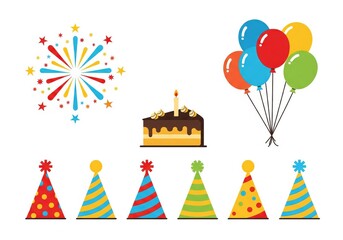Obraz premium Birthday party elements with cake balloons gifts and decorations illustration