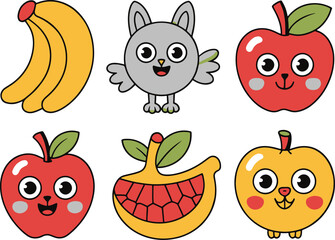 Playful Cat Illustration Composed of Colorful Fruits and Vegetables for a Unique Design