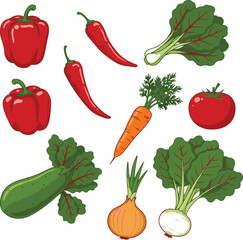 Assortment of Fresh Vegetables Including Bell Peppers Chili Peppers Carrot Tomato Zucchini and Swiss Chard