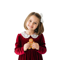 Child Holding Gingerbread Man Cookie in Red Velvet Dress with White Lace Collar on White Background