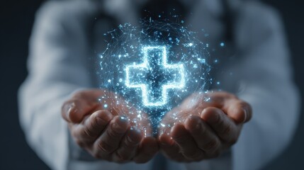 Health professional holds glowing medical symbol in hands during digital transformation