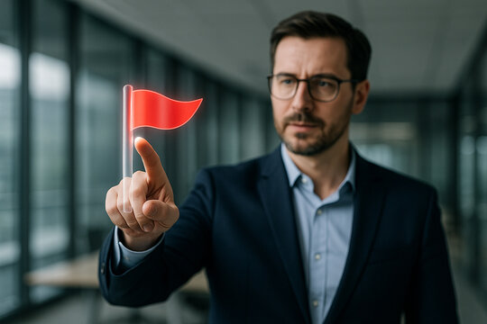 Businessman touching holographic red flag warning symbol
