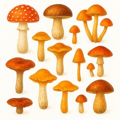 A beautiful collection of various mushrooms featuring different shapes, colors, and sizes, perfect for nature lovers, culinary enthusiasts, and botanical illustrations.