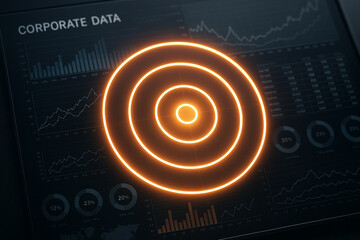 Glowing target icon over digital corporate data dashboard