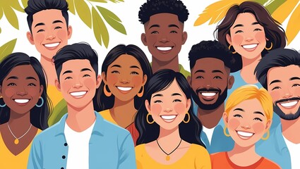 Group of young adults from different ethnic backgrounds smiling together outdoors, diversity and inclusion theme, authentic lifestyle photography