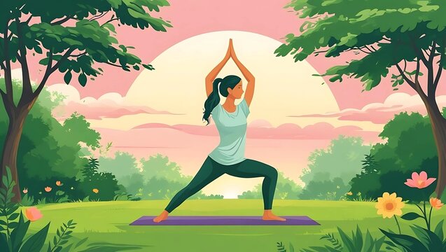 Woman practicing yoga in a green park at sunrise, healthy lifestyle, mindfulness, calm and natural atmosphere, high-resolution photo
