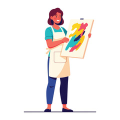 Fototapeta premium Artistic Creation: A skilled artist, adorned in an apron, proudly presents her vibrant artwork, a showcase of creativity and color.