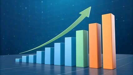 3D bar graph with rising multicolored columns and upward green arrow on digital grid background – Growth, data analytics, business success, performance, technology, visualization, strategy