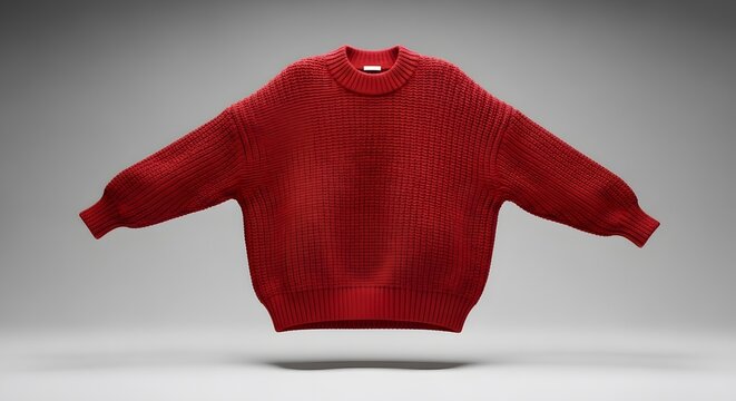 An oversized red knitted sweater with voluminous balloon sleeves and a crew neck floating on a gray background.