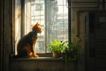 Cybernetic cat sitting by window in futuristic urban setting