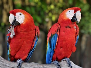 Scarlet macaw parrots perched together showcasing vibrant red and blue plumage in nature