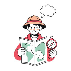 Explorer's Journey Begins: An adventurer with a map and compass, symbolizing exploration, travel, and the excitement of charting new paths. A call to wanderlust.