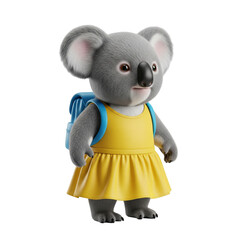 3D Koala Character in Yellow Dress with Blue Backpack