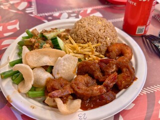 Enjoy a delicious indonesian dish featuring gadogado with shrimp and rice on a plate
