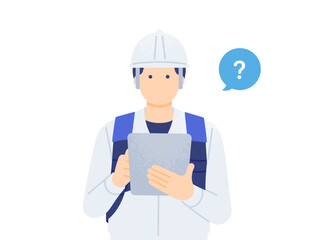 建設DX・i-Construction タブレットで現場管理をする男性作業員のベクターイラスト素材