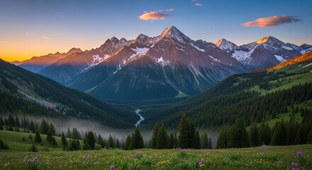 Breathtaking Mountain Landscape at Sunrise with River and Valley View