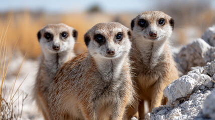 Three meerkats standing together in a desert landscape.