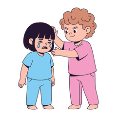 Fototapeta premium Empathy and Comfort: A tender scene unfolds as a compassionate individual offers comfort to a weeping child, showing care and support with a gentle touch and heartfelt gesture.