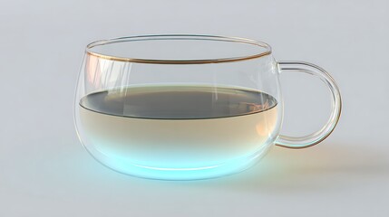 A clear glass teacup with a gold rim filled with liquid against a light grey background studio shot