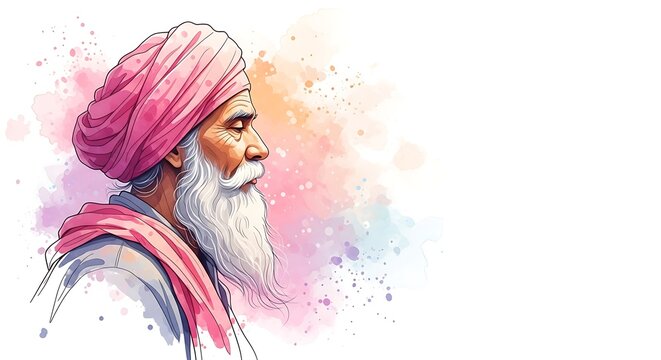 Artistic watercolor portrait of guru nanak in profile, conveying spiritual wisdom and peace