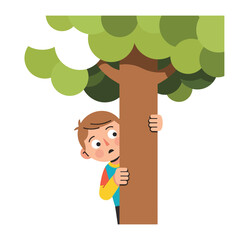 Hide and Seek: a curious and playful moment captured as a young person playfully peeks from behind a tree, inviting viewers to experience the joy of the game and the thrill of discovery.