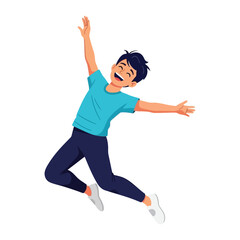 Fototapeta premium Joyful Leap: A cheerful young boy leaps with unrestrained joy, his arms outstretched, against a backdrop of pure happiness, representing childhood bliss.