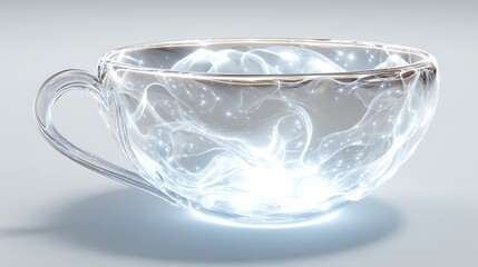A clear glass teacup filled with swirling white smoke and small specks of light on a white surface