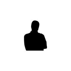 A simple, clean silhouette of a man standing with his arms crossed against a plain white background.