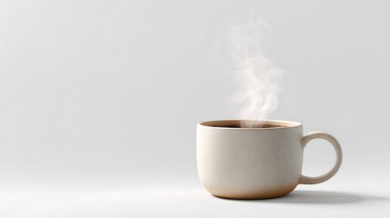 A steaming cup of coffee on a white surface with a plain white background in a simple composition