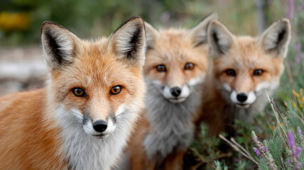 Fototapeta premium Three foxes in a natural setting, looking attentively forward.