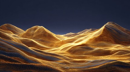 A golden landscape with rolling hills under a dark sky rendered in a digital art style