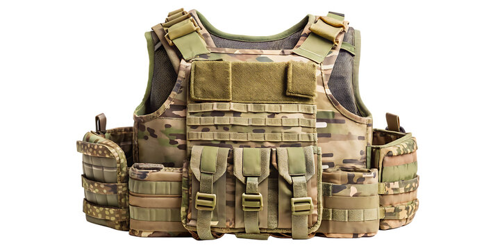 Tactical Combat Vest with Multicam Camouflage Pattern and Pouches tactical vest body armor isolated on a transparent background