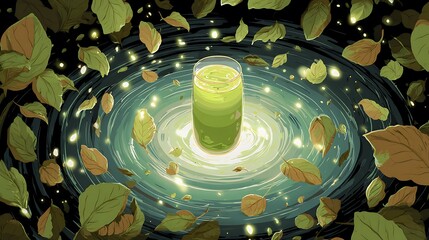 A glass of green juice surrounded by swirling leaves and light in a fantastical setting view from above