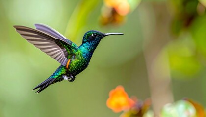 Obraz premium A vibrant hummingbird in flight against a soft backdrop of nature.