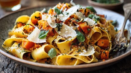 Delicious pasta dish featuring butternut squash and fresh herbs served on a rustic wooden table