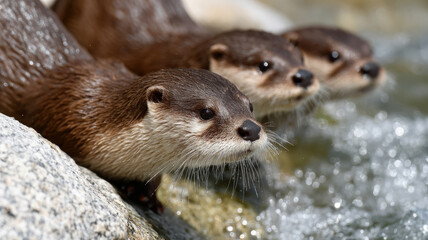 Obraz premium Three otters by the water, showcasing playful wildlife in nature.
