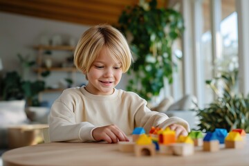 Caucasian young male child playing with colorful building blocks indoors