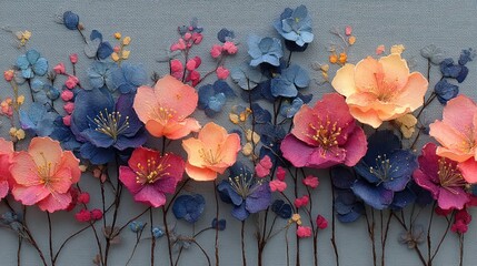 Delicate, colorful paper flowers in a horizontal arrangement against a muted gray background