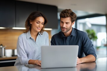 Young caucasian adults collaborating on laptop in modern kitchen setting
