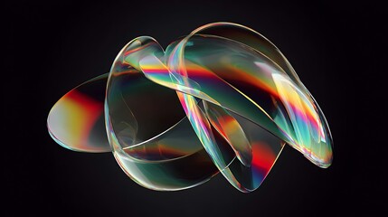 Abstract iridescent shape with rainbow reflections against a dark plain background scene visual