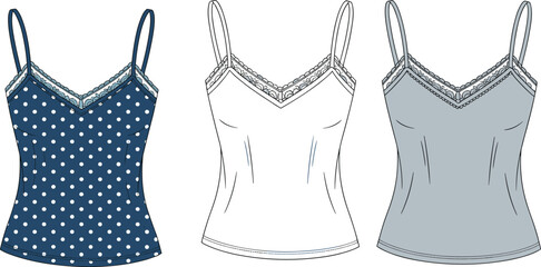 CAD drawing flat vector illustration of camisole tops, lace trim, polka dot, sleeveless design, front and back views, stylish garment layout, summer fashion template, clothing mockup