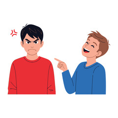 Fototapeta premium Teasing and Anger: An illustration depicting two young boys, one in a red shirt radiating anger while the other, in a blue shirt, laughs and points, capturing a moment of conflict and teasing.