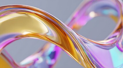Abstract rendering of a flowing iridescent ribbon with gold and purple hues on a gray background