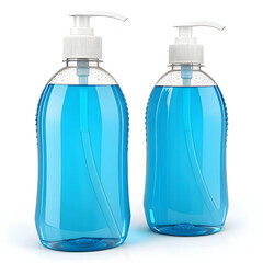 Two clear bottles with blue liquid and pump dispensers on a white background