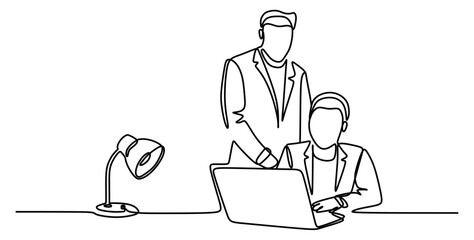 Continuous line art of two men working in front of a laptop with a lamp beside them. Teamwork. Discussion about work. Vector illustration.