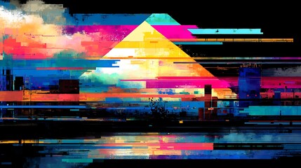 Abstract digital artwork featuring a pyramid shape and horizontal lines with vibrant colors and black